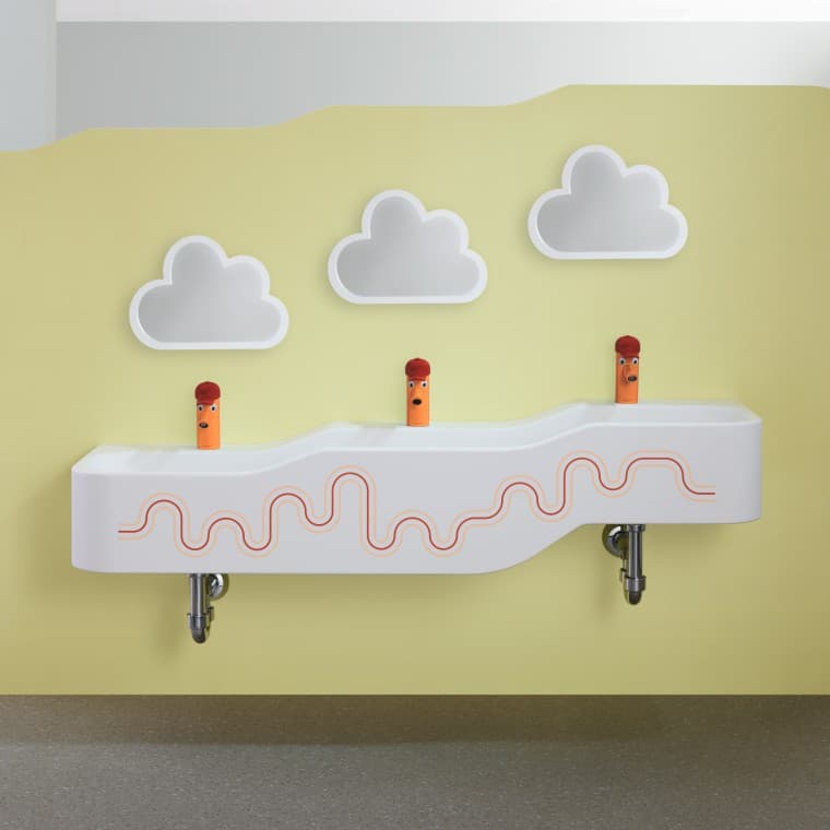 Geberit Bambini játszó- és mosakodó hely kármin vörös és narancssárga színben Geberit Bambini játszó- és mosakodó hely kármin vörös és narancssárga színben