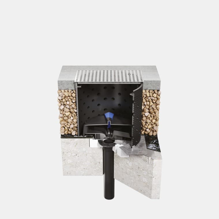 Geberit Pluvia rendszer telepítése járható, bitumenes vízszigetelésű betontetőn Geberit Pluvia rendszer telepítése járható, bitumenes vízszigetelésű betontetőn