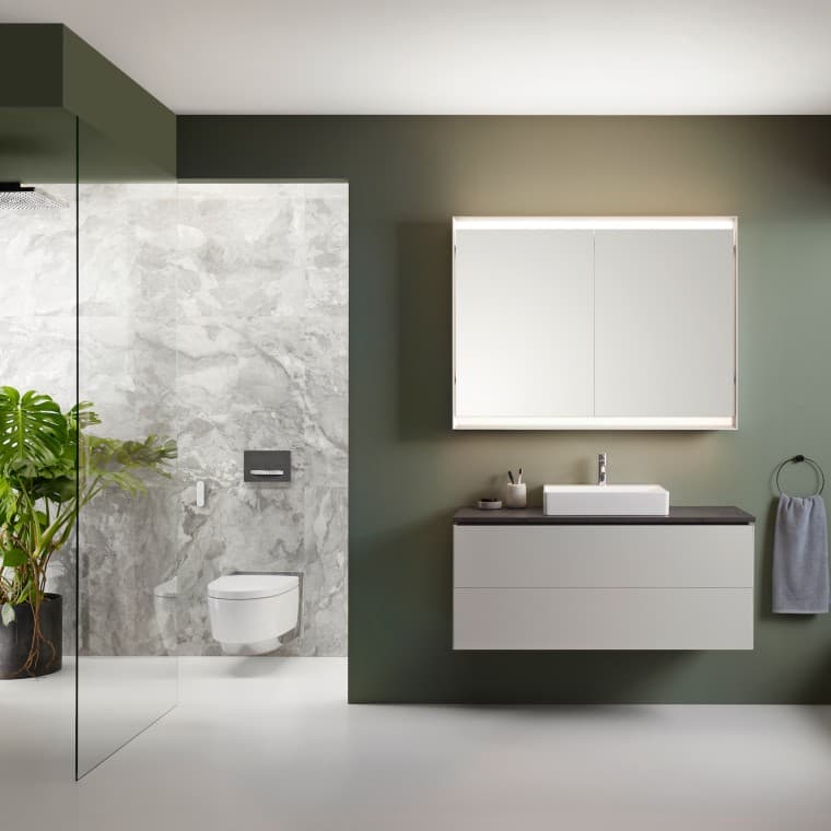 Geberit AquaClean Mera Comfort higiéniai berendezés egy Geberit ONE fürdőszobában Geberit AquaClean Mera Comfort higiéniai berendezés egy Geberit ONE fürdőszobában