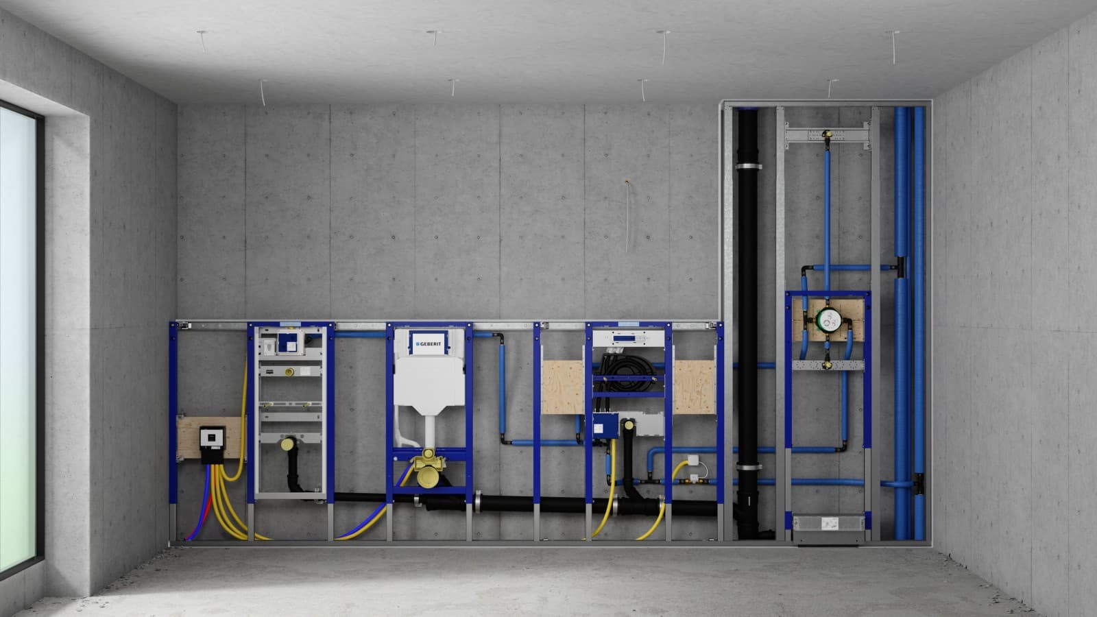 Szerelőfal Geberit Duofix elemekkel vizeldéhez, WC-hez, mosdóhoz és zuhanyzóhoz Szerelőfal Geberit Duofix elemekkel vizeldéhez, WC-hez, mosdóhoz és zuhanyzóhoz